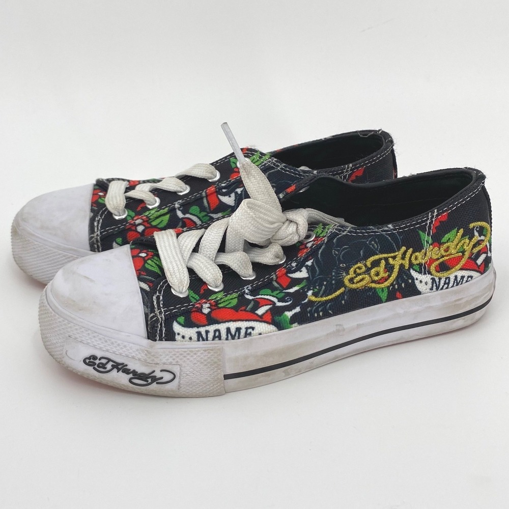 Ed Hardy Kids Canvas Sneakers Tattoo Print Lace Up Shoes Youth‎ Size 1, Y2K